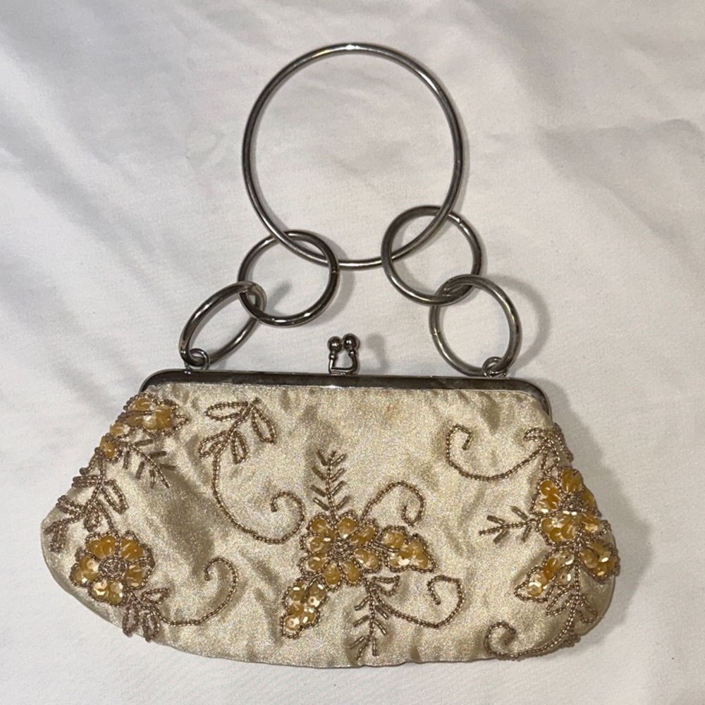 Chinese Laundry Cream and Gold Embroidered Wristlet